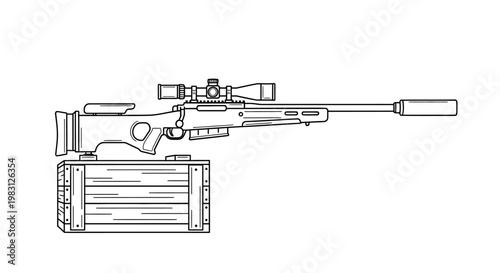 Sniper Rifle with Scope and Silencer on Wooden Crate - Line Art Illustration