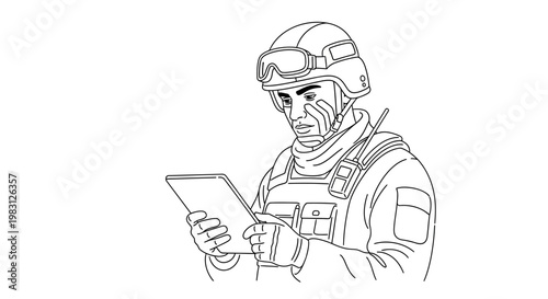 Soldier using tablet computer in tactical gear, military communication technology