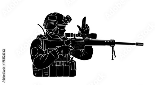 Sniper soldier aiming rifle, tactical gear, military operation, special forces, combat readiness