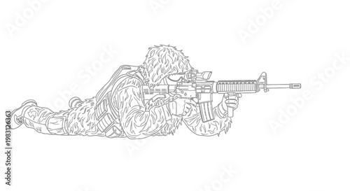 Sniper Soldier Camouflage Ghillie Suit Lying Prone Aiming Rifle