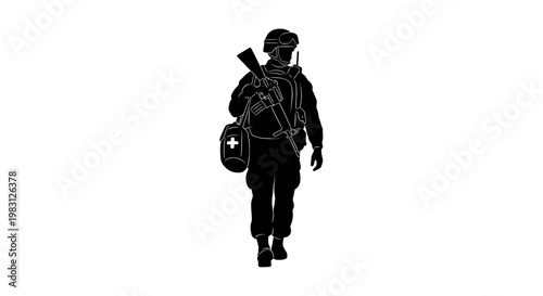 Soldier with Medical Bag Silhouette, Military Medic Walking with Rifle, First Aid Kit