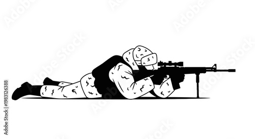 Sniper soldier in camouflage lying prone aiming rifle, military combat, tactical warfare