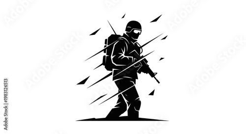 Soldier in motion with rifle, abstract rain effect, black and white silhouette