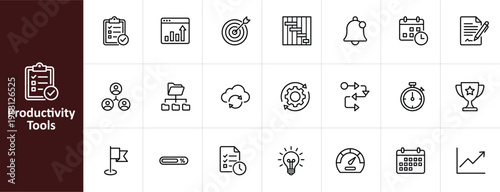 Productivity and Project Management Line Icon Set - Minimalist Business Growth and Task Tracking Vector Illustrations