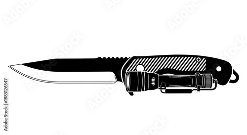 Tactical Folding Knife with Integrated LED Flashlight, Black and White Illustration