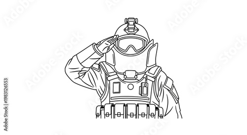 Soldier in tactical gear and helmet saluting, line art illustration