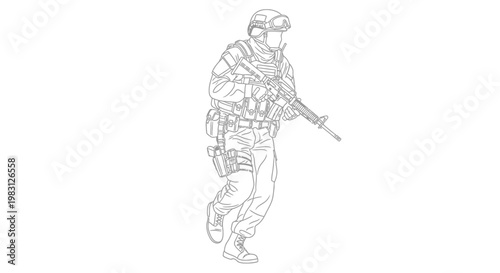 Soldier in tactical gear with assault rifle, walking, line art illustration