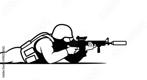Soldier in tactical gear aiming rifle with scope and suppressor, prone position