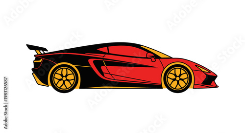 Sleek Red Sports Car with Aggressive Design and Spoiler.