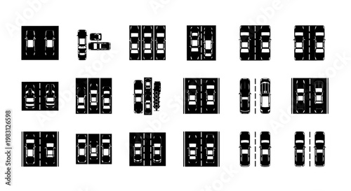 Top Down View of Various Parking Lot Layouts and Cars.