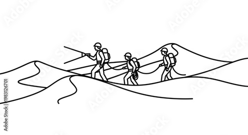 Three hikers with backpacks and trekking poles crossing sand dunes in a desert landscape, line art