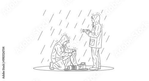 Two people in raincoats with flashlights in heavy rain, one kneeling with equipment