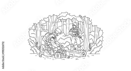 Two soldiers in tactical gear, one tending to equipment, in a dense forest setting, line art illustration.
