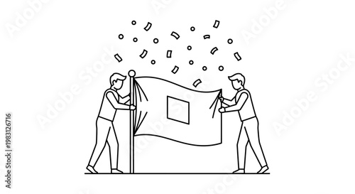 Two people raising a flag with confetti falling, celebrating success and teamwork