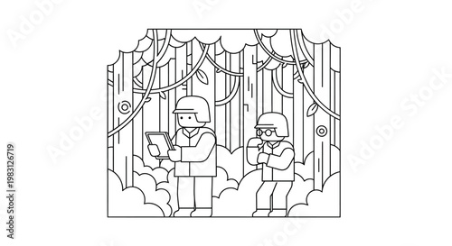 Two soldiers in a jungle, one using a tablet, exploring dense forest