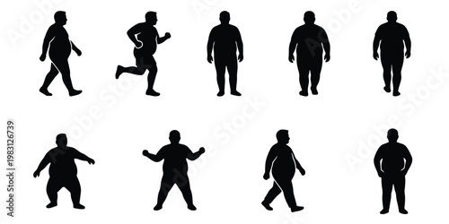 Overweight man silhouette collection, 9 obese male figures in various poses, fat person walking and running vector set, health and weight loss concept