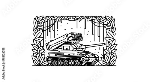 Vector Illustration of a Rocket Launcher Tank in a Jungle Frame