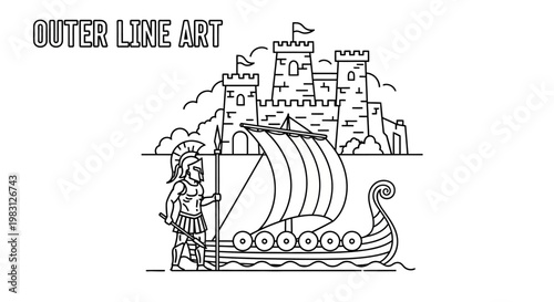 Viking Ship and Castle Outline Art - Ancient Warrior with Spear