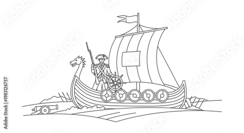 Viking Ship with Soldier at Helm, Cannon on Shoreline - Historical Illustration