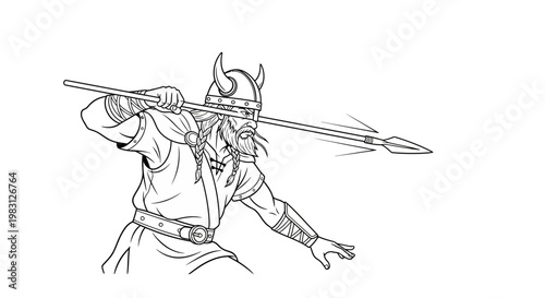 Viking warrior throwing a spear, historical illustration, ancient warrior combat, Norse mythology