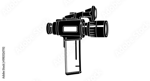 Vintage Camcorder Silhouette, Retro Video Camera, Old School Filming Equipment, Black and White Icon