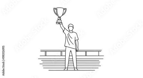 Winner holding trophy aloft, celebrating victory on podium, achievement and success concept
