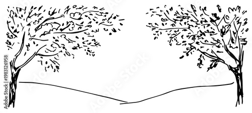 Hand-drawn vector drawing with a black outline, hand lettering. Nature and vegetation, summer landscape. Deciduous trees, forest glade, hills. Sketch in ink.