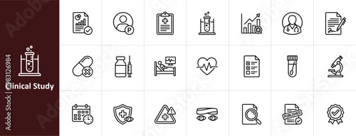 Clinical Study and Medical Research Line Icon Set - Minimalist Pharma and Healthcare Trial Vector Illustrations