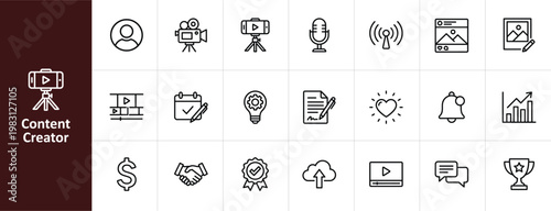 Content Creator and Social Media Marketing Line Icon Set - Minimalist Video Production and Digital Engagement Vector Illustrations