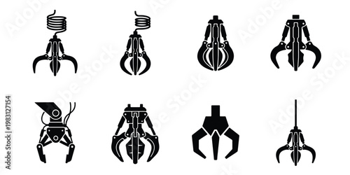 Industrial crane claw icons set, mechanical robotic grabber vector elements, heavy machinery hydraulic grapple silhouettes for construction and recycling