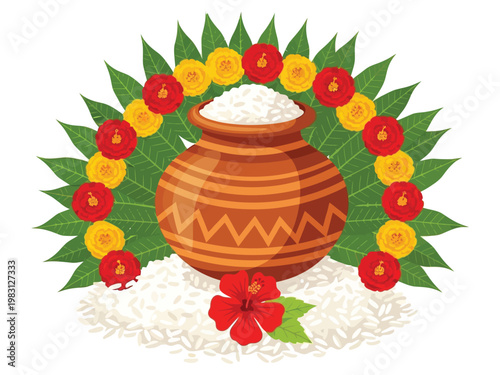 A traditional clay pot filled with white rice surrounded by colorful flower garlands and green leaves isolated on white background