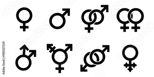 Gender identity symbols set, black male and female icons, transgender and non-binary signs, 8 vector elements for lgbtq diversity and inclusion