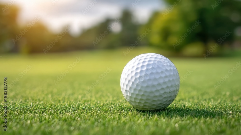 Obraz premium Golf Ball on Lush Green Grass Under Soft Light with Natural Background Elements in Outdoor Setting