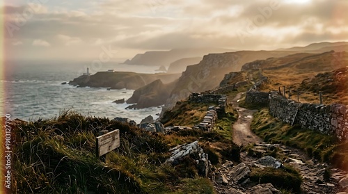 A scenic coastal path with a sign and rugged cliffs overlooking the ocean