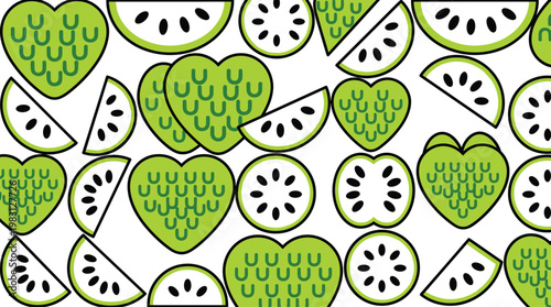 Custard Apple Seamless Pattern with Slices, Seeds, and Whole Fruit Shapes Vector Illustration for Textile, Packaging, Backgrounds, and Tropical Food Design