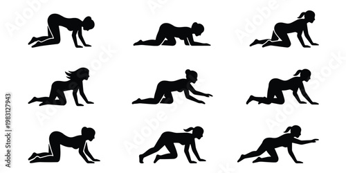 Woman crawling silhouette set, female figures in various crawling poses, black vector silhouettes of women on all fours, 9 elements for design
