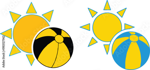 Colorful summer icons beach balls and sunbursts illustrate warm weather and leisure activities