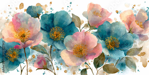 Arrière-plan floral abstrait à l'aquarelle bleue et dorée pour design d'invitation élégant