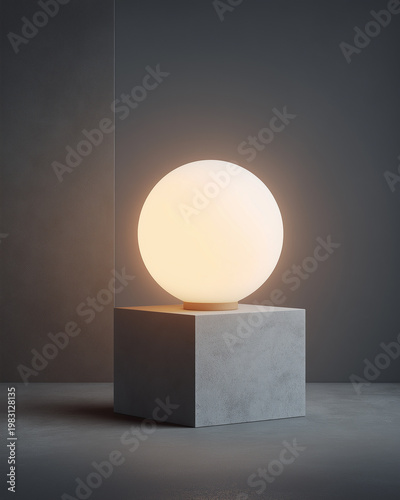 A modern minimalist lamp with a large spherical light bulb on a cubic marble base against a dark wall.