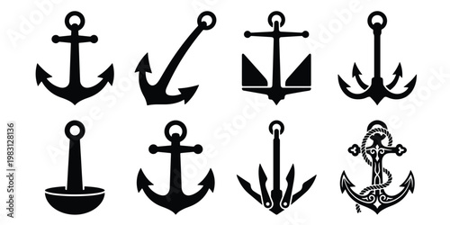 Nautical anchor silhouette collection, 8 black ship anchor vector icons, maritime marine equipment set, sea sailing and naval symbols