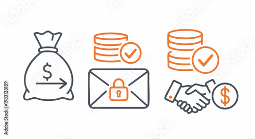 Secure Finance Icons: A trio of stylized icons representing secure financial transactions, showcasing a money bag, locked envelope, and handshake with currency. conveying trust and reliability.