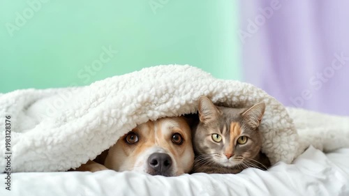Brown dog and gray tabby cat peeking from under blanket on bed calm curious cozy domestic companions snuggled restful scene