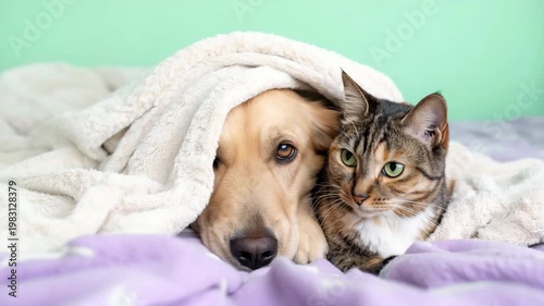 Golden retriever and tabby cat cuddled under blanket on purple bedspread gentle gaze cozy intimate pets resting together