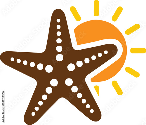A vibrant illustration depicts a brown starfish alongside a radiant semi circular sun evoking a summery coastal scene