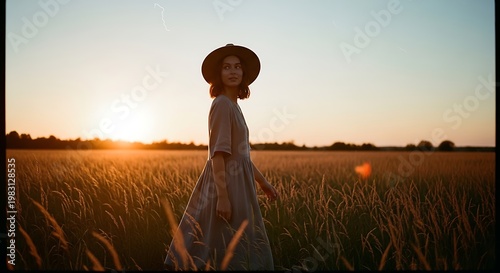 A serene woman in a wheat field at sunset wearing a hat