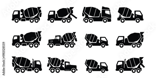 Concrete mixer truck silhouette icons, set of 12 heavy construction vehicle vectors, industrial cement mixer transport machinery for building sites