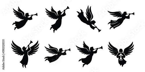 Heavenly angel silhouette set with trumpet, 8 flying angel icons playing musical instruments, religious christmas vector elements for holiday design