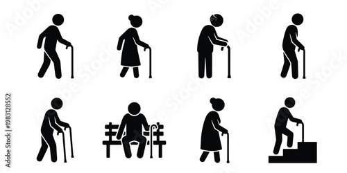 Elderly people stick figure icons, senior citizens with walking sticks and canes, set of 8 black silhouettes for geriatric healthcare and mobility