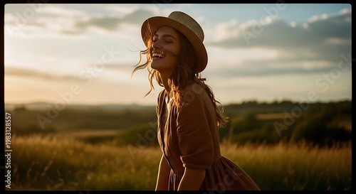 A young woman laughing joyfully in a serene field at sunset