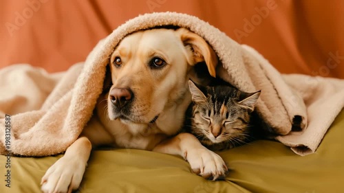 Dog and cat under blanket cozy companions resting together warm home comfort sleepy pets bonding peaceful snuggle moment domestic life